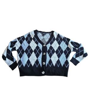 Just polly womens Sz S multicolor oversized Argyle cardigan sweater preppy